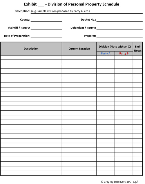 Division of Personal Property Spreadsheet - Gray Jay Endeavors LLC